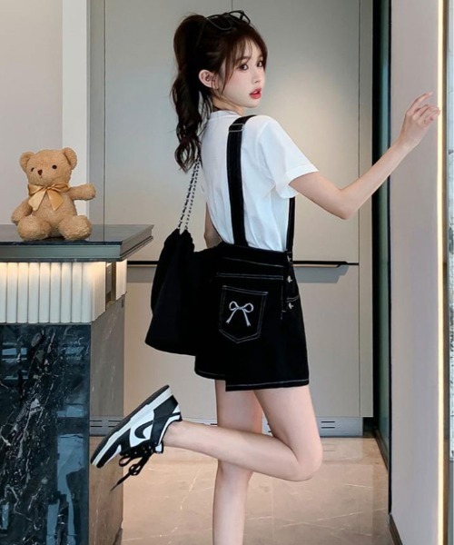 サロペット オーバーオール バック リボン カラー デニム ショート