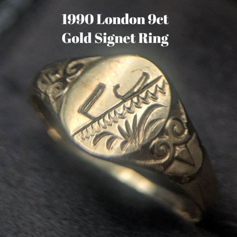 1990年 英国 ロンドン製 9金 ゴールド シグネットリング 彫金入り