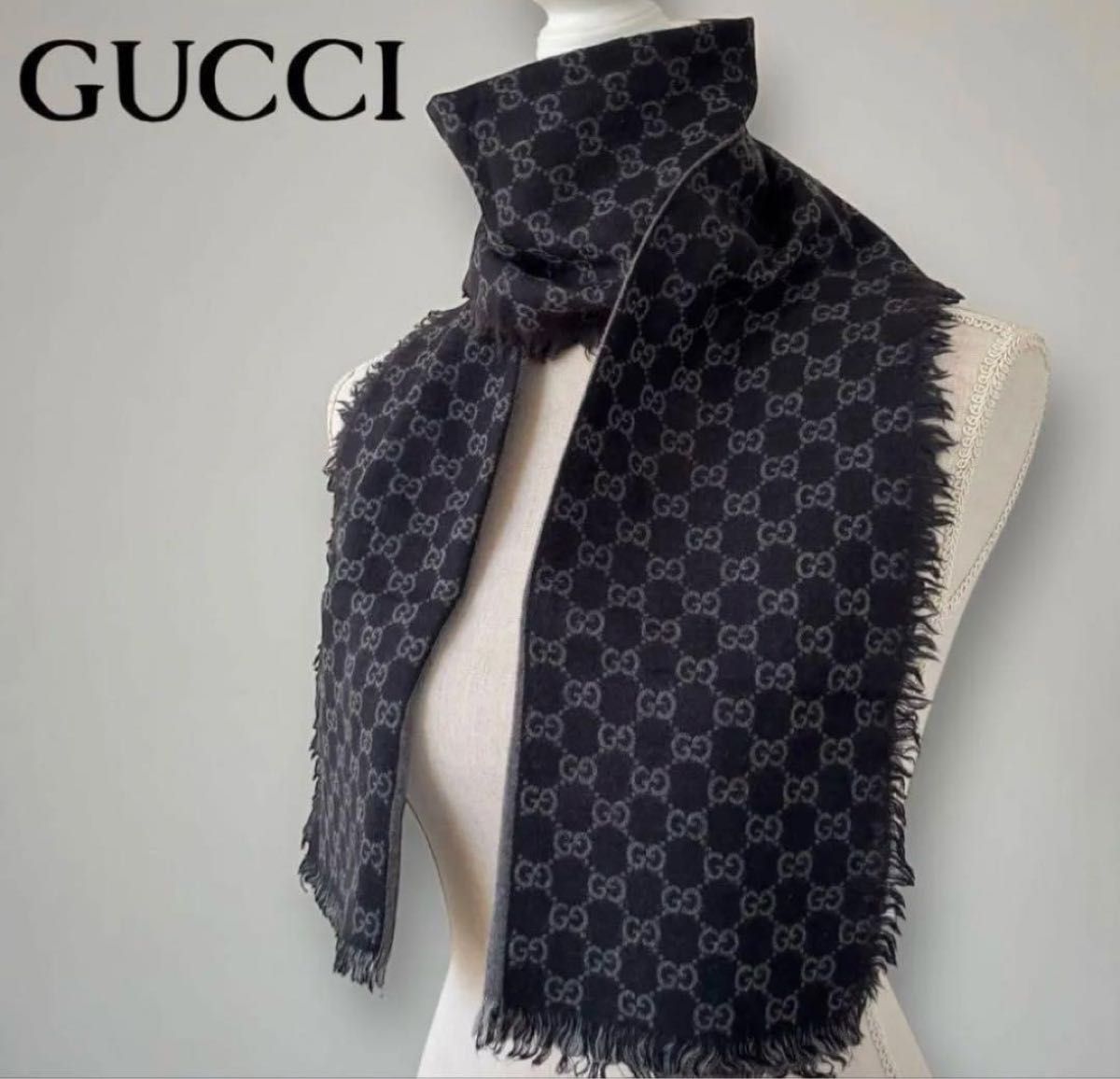 GUCCI グッチ GG柄 リバーシブル マフラー ウール カシミヤ シルク